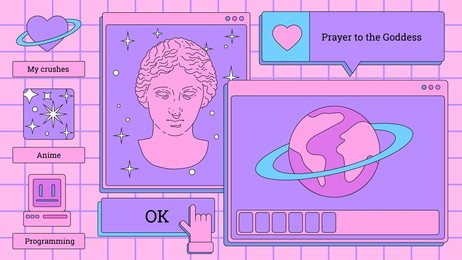 vaporwave retro desktop with user interface elements. vintage comics illustrations in nostalgic colorful style of the 80s and 90s.