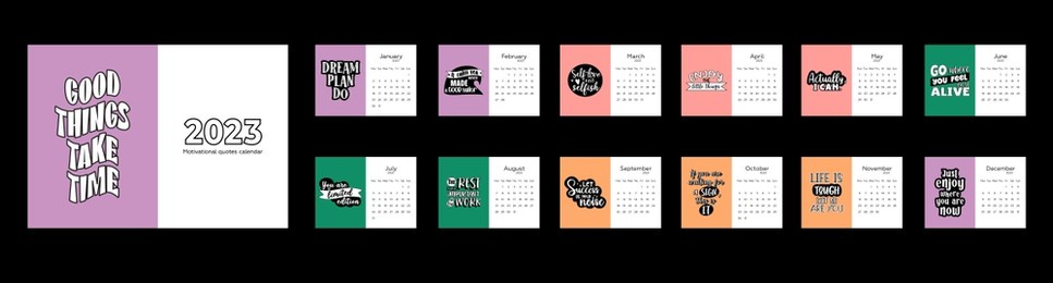 calendar 2023. monthly design with motivational quotes. weeks start on monday. business planner.  vector template for table calendar.