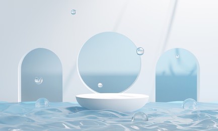 podium on the water for product presentation. natural beauty pedestal, relaxation and health, 3d illustration