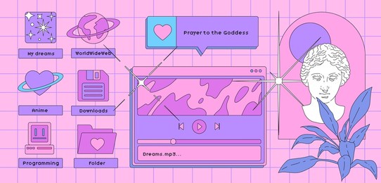 vaporwave retro desktop with user interface elements. modern vintage comics illustrations in nostalgic colorful style of the 80s and 90s.