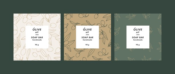 vector set seamless patterns for cosmetics with template design labels. backgrounds with olives branches for handmade soap
