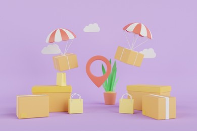 3d rendering of delivery service and cardboard box with red location pin. cardboard boxes. 3d rendering


