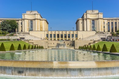 fountains at tracadero. trocadero is area of paris on banks of seine not far from famous eiffel tower. on a hilltop in 1937 built a new palace - palais de chaillot. paris, france.