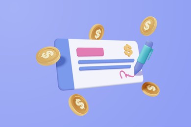 3d bank cheque and money coin with pen, fund transfer, banking payment receipt. composition with financial annual accounts, calculating and paying invoice bill. 3d icon vector render illustration