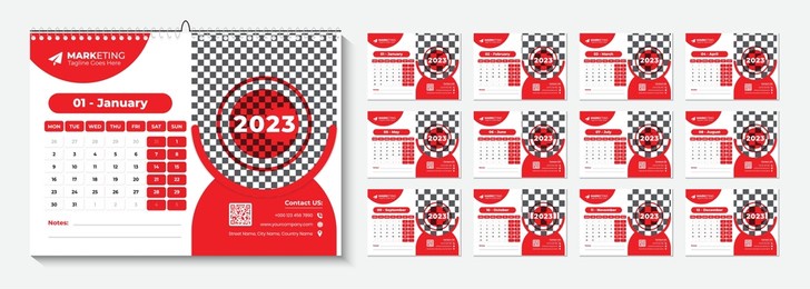 new year desk calendar 2023 template 12 months included, happy new year 2023 desk calendar, calendar for 2023 year, 12 page desk calendar design template, 