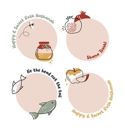 jewish holiday rosh hashana, greeting card set in minimalistic style. traditional greetings. pomegranate, apple , honey and flowers. sweet and happy new year in hebrew. vector illustration