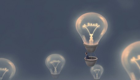 concept idea of business, creative, and success. a businessman on a lightbulb balloon. surreal conceptual art. 3d illustration. painting artwork.