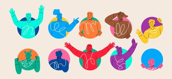 people doing various gestures in a circular frame. men and women looking out of circle window. colorful vector illustration
