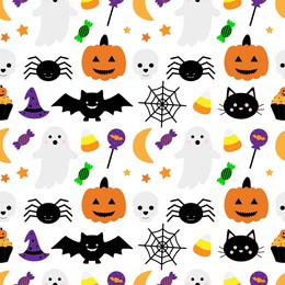 seamless pattern halloween ghost pumpkin bat spider vector illustration