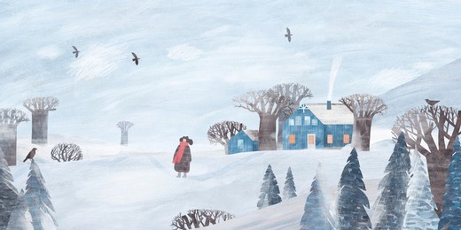 cute winter landscape. hills, trees, blue house covered with snow. gouache illustration. winter illustration.