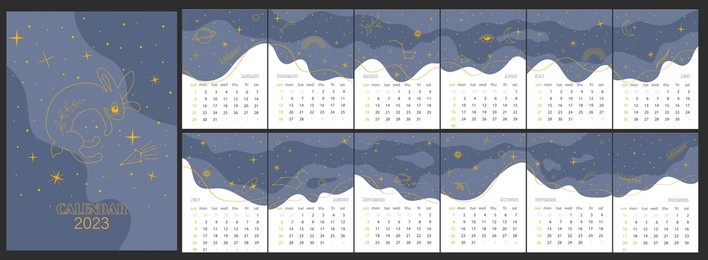 esoteric star calendar for 12 months of 2023. a muted blue cosmic nebula calendar with constellations and a rabbit. hare among the stars of the konepia calendar