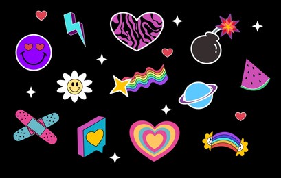 large pack of acid abstract characters and objects. cartoon comic label patches.  geek hipster vaporwave stickers in geometric shapes. vector illustration of y2k