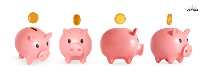 set of piggy banks with gold coins. symbol of profit and growth. design object for advertising sale. stability and security of money storage. realistic vector illustration pink piggy bank collection.