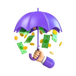 human hand holding umbrella with full money and coins. concept of attraction coins. financial metaphor, revealing the concept of cashback and safe money. 3d render