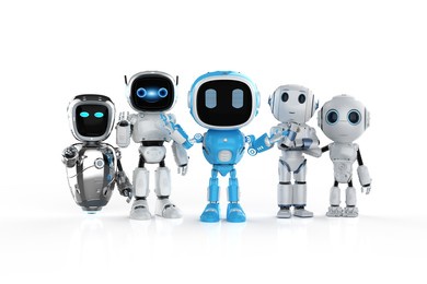 3d rendering group of blue robotic assistants or artificial intelligence robots