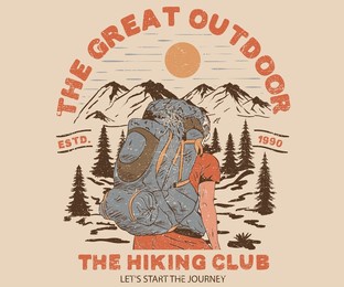 the great outdoor. take a hike vector print design. wild lake artwork for posters, stickers, background and others. outdoor vibes illustration. mountain adventure. 