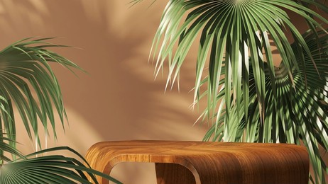 realistic 3d render empty space on natural wooden stand with tropical fresh fan palm leaves on brown background for products display. sunlight, hawaii, table top, podium, templates, backdrop, beauty.