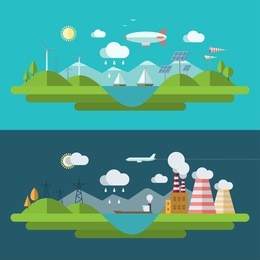 flat design vector concept illustration with icons of ecology, environment, green energy and nature pollution