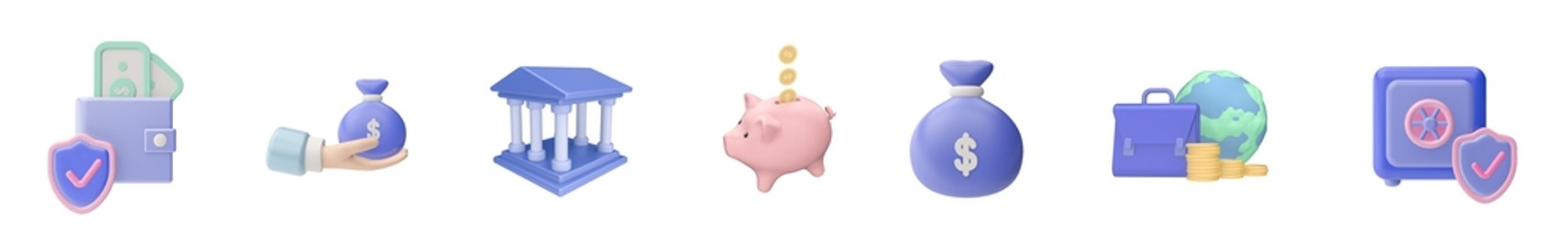 3d render illustration. set of icons with money, safe, bank, bag, card, wallet  modern trendy design. isolated on white background.