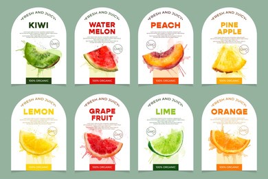 set of 8 labels, packaging of fresh and juicy different fruits. natural organic product, gmo free. text with watercolor realistic fruits on white base. template for your product.