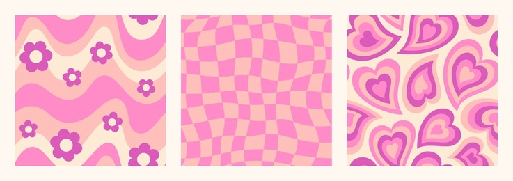 groovy seamless patterns set with waves and daisy flowers, checkerboard and hearts . psychedelic abstract vector background in 1970s hippie retro style for print on textile, wrapping paper, web