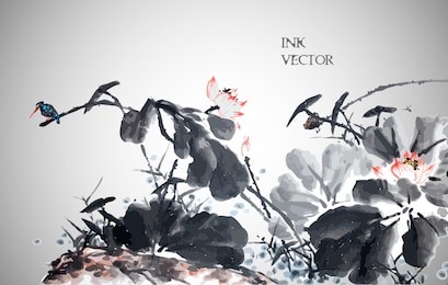 abstract lotus. vector illustration. traditional chinese painting. 