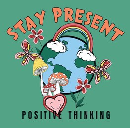 stay present.retro groovy daisy flower illustration print with happy slogan for girl - kids graphic tee t shirt or poster sticker - vector