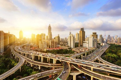 shanghai elevated road junction and interchange overpass at night