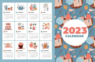 childish calendar 2023 template with hand drawn cozy four seasons elemenst. week starting on sunday. ready to print. cute vector illustrations in flat style.