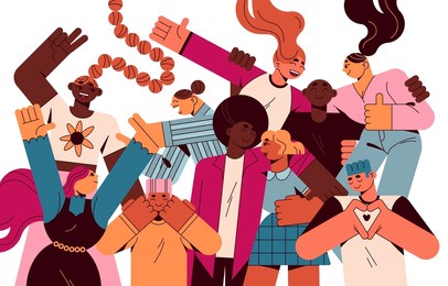 happy diverse community with different men, women characters. group of multiethnic young people smiling, supporting, loving. youth team portrait. flat vector illustration isolated on white