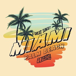 miami palm beach in florida, beach slogan with palms tree illustration, beach vector artwork for summer, beach vibes vintage graphic print design for apparel and others.
