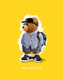 my way only slogan with cool bear doll on brush stroke background vector illustration