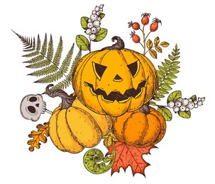 halloween pumpkin illustration. hand drawn vector illustration. jack o lantern. autumn bouquet. vintage design for the holiday halloween. design elements