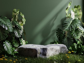 stone platform in tropical forest for product presentation and green wall.3d rendering