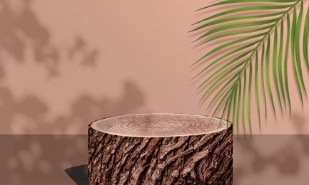 round wooden tree trunk podium for product display with palm leaves and tree shadows