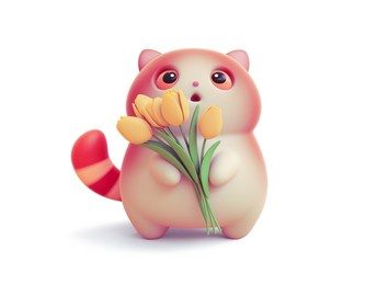 kawaii cute fat red cat with open mouth, orange eyes, striped tail holding bouquet of yellow tulips in its paws congratulates you on march 8. hello spring holiday. 3d render isolated on white backdrop