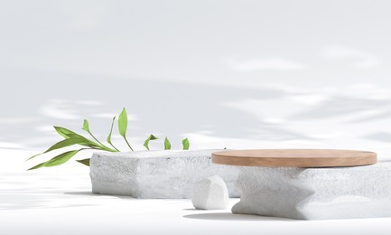 rock podium with rounded wood for product presentation. natural beauty pedestal, 3d illustration	