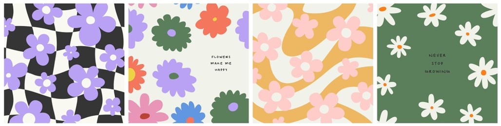 trendy floral poster quote collection. set of vintage 70s style flower background illustration. colorful pastel color groovy artwork bundle, y2k nature backgrounds with spring plants.