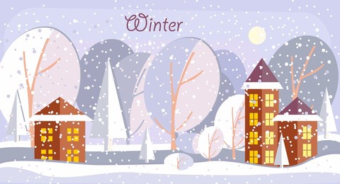 winter snowy landscape, winter city, houses, snow-covered trees, snowdrifts. vector illustration, isolated.