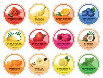round labels for packaging design. fruit flavors vector illustration for lip balm cosmetics product. circle shaped badges with berry flavors of strawberry, watermelon, vanilla, raspberry, lemon