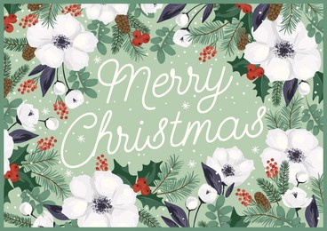 christmas and happy new year illustration with christmas tree and flowers. trendy retro style. vector design template.