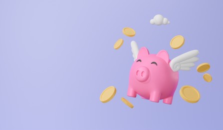 3d rendering concept piggy bank symbols icon. flying piggybank and coins. isolated theme purple free space