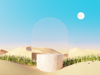 abstract pastel of nature, flowers leaves and tree plants with podium stand platform. surreal desert natural landscape background. scene of desert with  oasis land with minimal design. 3d render.