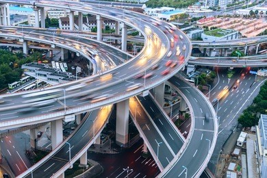 shanghai elevated road junction and interchange overpass at night