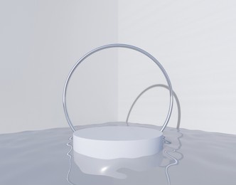 white gloss cylinder podium for display products modern minimal design ,cosmetics,objects,back sliver circle,water floor,white background-3d render