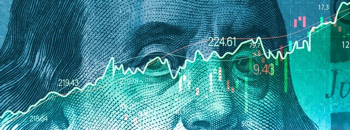 closeup benjamin franklin face on usd banknote with stock market chart graph for currency exchange and global trade forex concept.