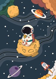 vector flat space design background. cute template with astronaut, spaceship, rocket, moon, black hole, stars in outer space.