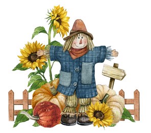 watercolor farmhouse scarecrow illustration isolated on white. autumn harvest american style scarecrow with sunflower and pumpkins.thanksgiving fall background for card,invitation and country graphics