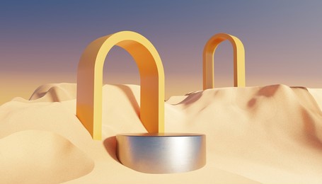 abstract dune cliff sand with metallic podium stand platform. surreal desert natural landscape background. scene of desert with glossy metallic arches geometric design. 3d render.