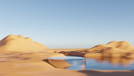 abstract dune cliff sand with metallic podium stand platform. surreal desert natural landscape background. scene of desert with glossy metallic arches geometric design. 3d render.